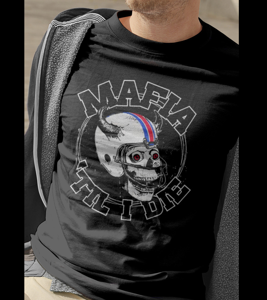 Mafia ‘Til I Die Skull Wearing Football Helmet With Horns And Red Blue Stripe T-Shirt