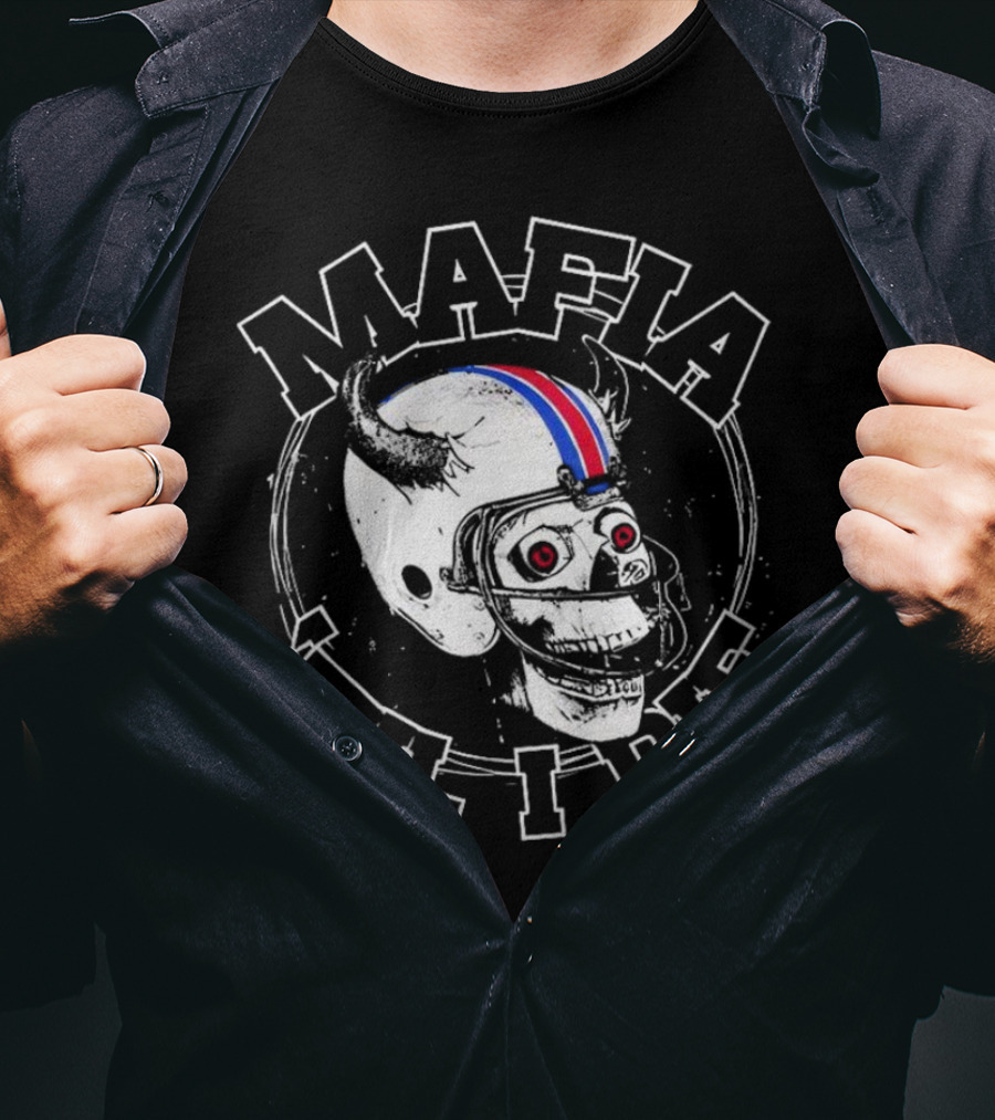 Mafia ‘Til I Die Skull Wearing Football Helmet With Horns And Red Blue Stripe T-Shirt