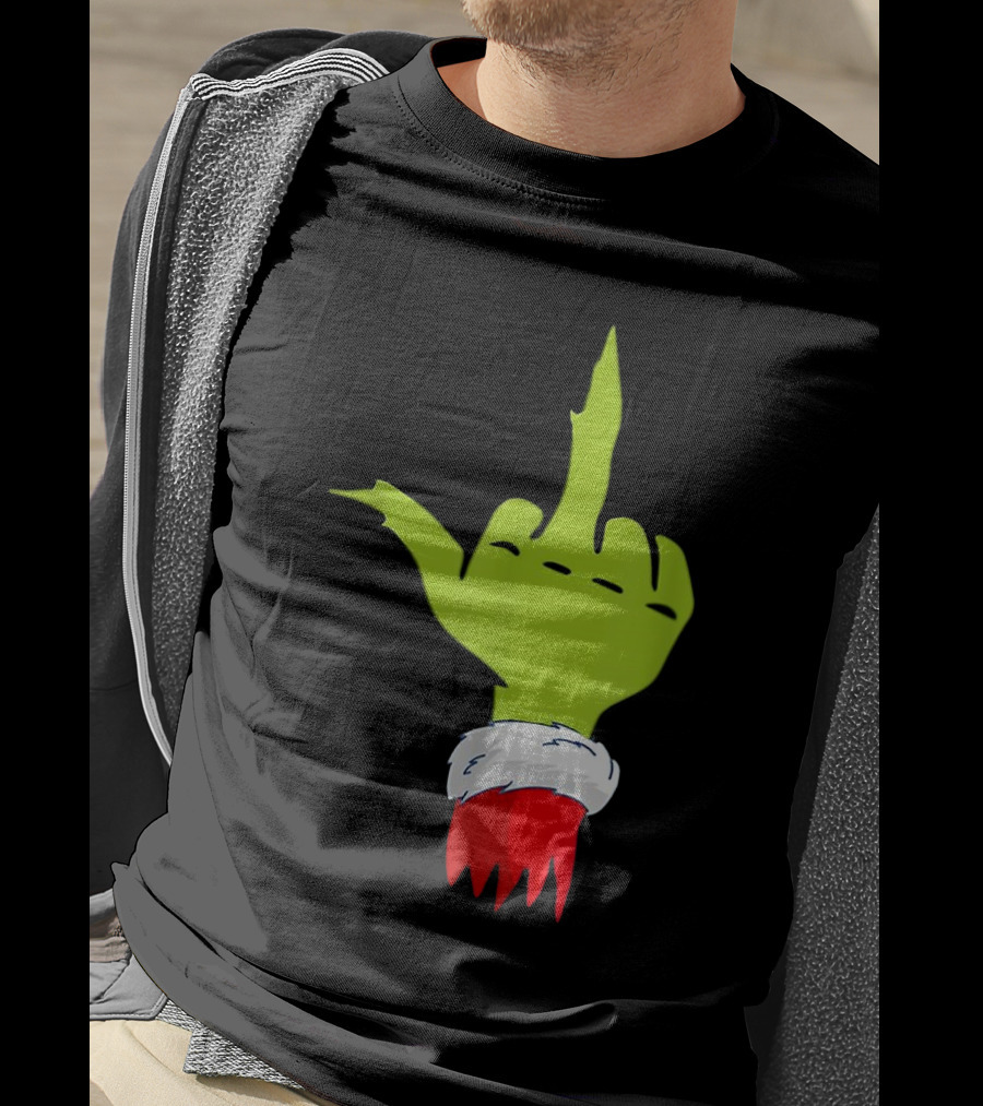Grinch Middle Finger Merry Christmas Santa Hand Gesture T-Shirt