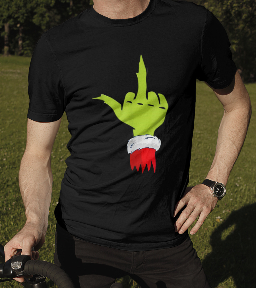 Grinch Middle Finger Merry Christmas Santa Hand Gesture T-Shirt