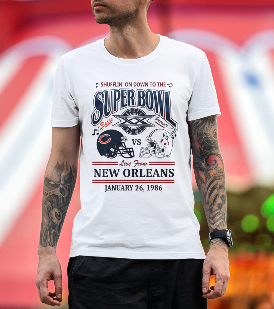 Shufflin on Down to the Super Bowl XX Chicago Bears vs New England Patriots Live from New Orleans January 26 1986 T-Shirt