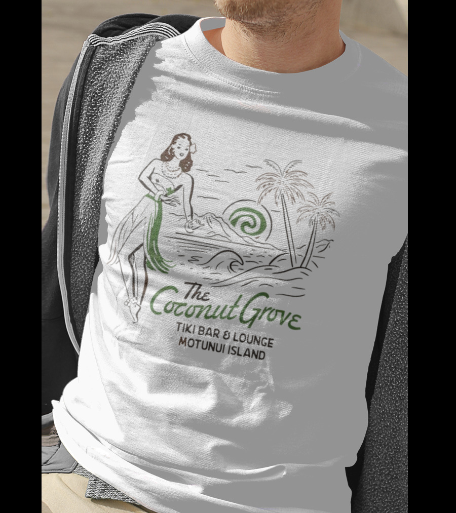 The Coconut Grove Tiki Bar And Lounge Motunui Island Woman With Palm Trees And Waves T-Shirt