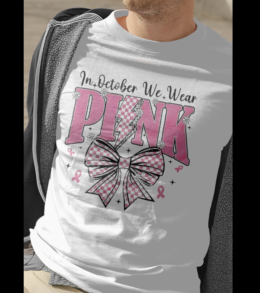 In October We Wear Pink Checkered Bow Lightning T-Shirt