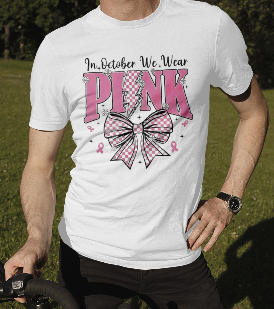 In October We Wear Pink Checkered Bow Lightning T-Shirt