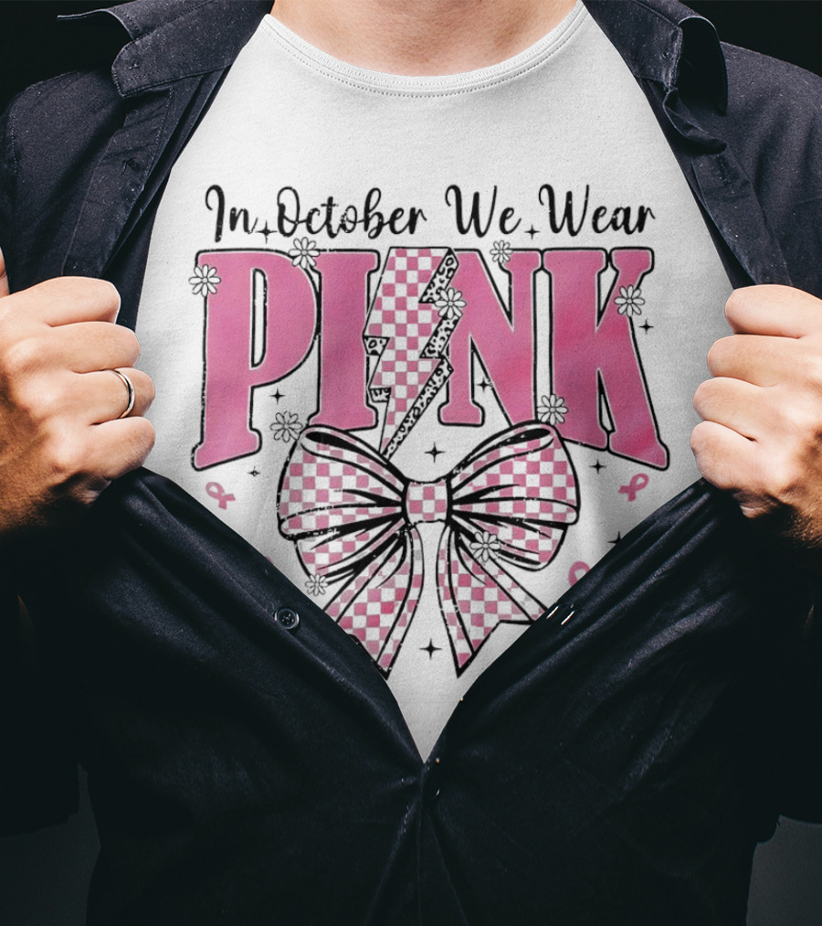 In October We Wear Pink Checkered Bow Lightning T-Shirt