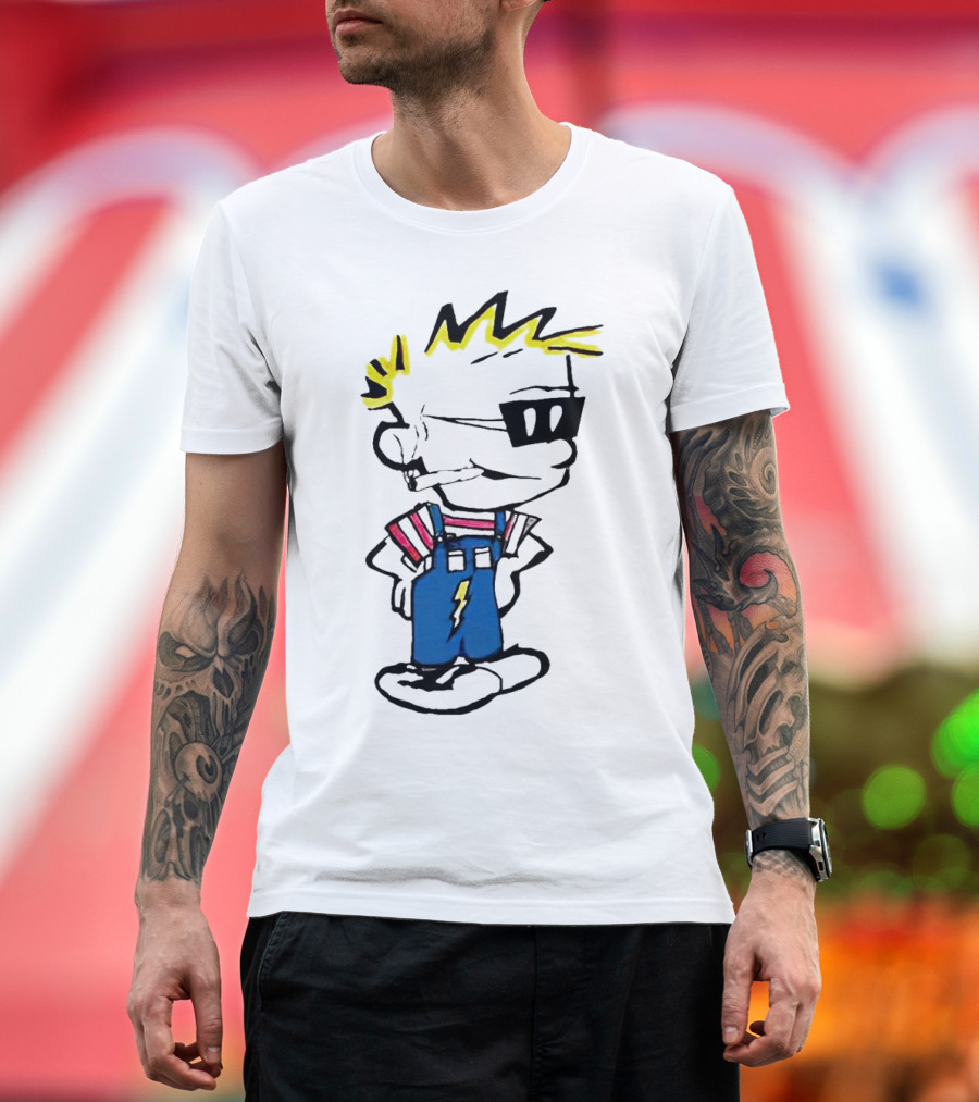 Calvin and Hobbes Spaceman Spiff Lightning Overalls Yellow Hair Sunglasses T-Shirt