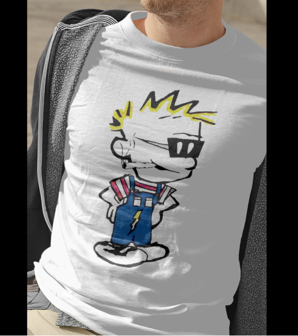 Calvin And Hobbes Spaceman Spiff Lightning Overalls Yellow Hair Sunglasses T-Shirt