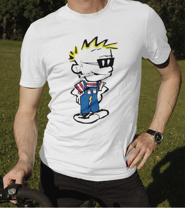 Calvin And Hobbes Spaceman Spiff Lightning Overalls Yellow Hair Sunglasses T-Shirt