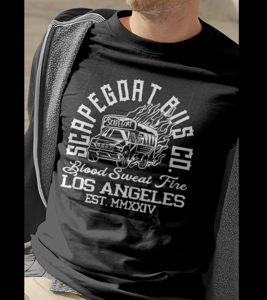 Scapegoat Bus Co Los Angeles Blood Sweat Fire Est MMXXIV T-Shirt