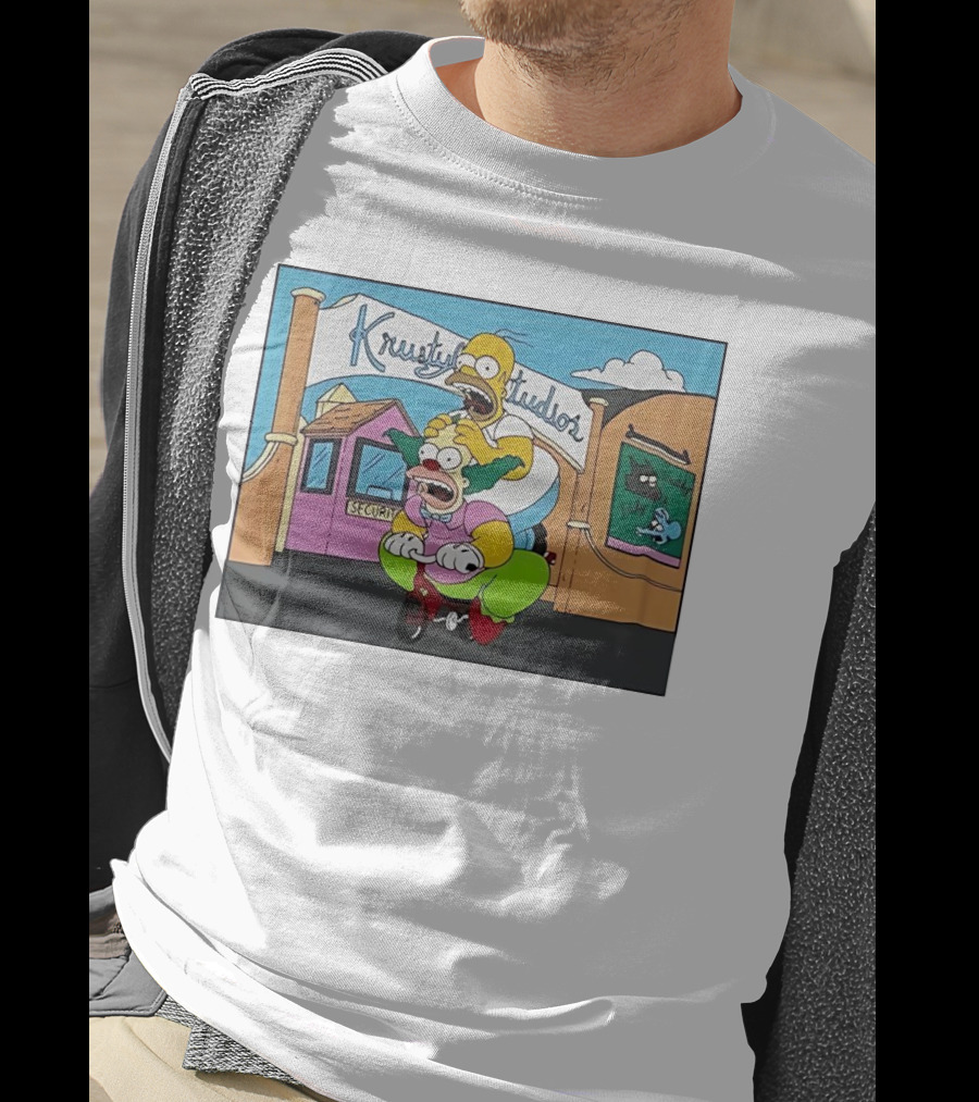 Krustyland Studios With Homer And Krusty The Clown On Bicycle From The Simpsons T-Shirt