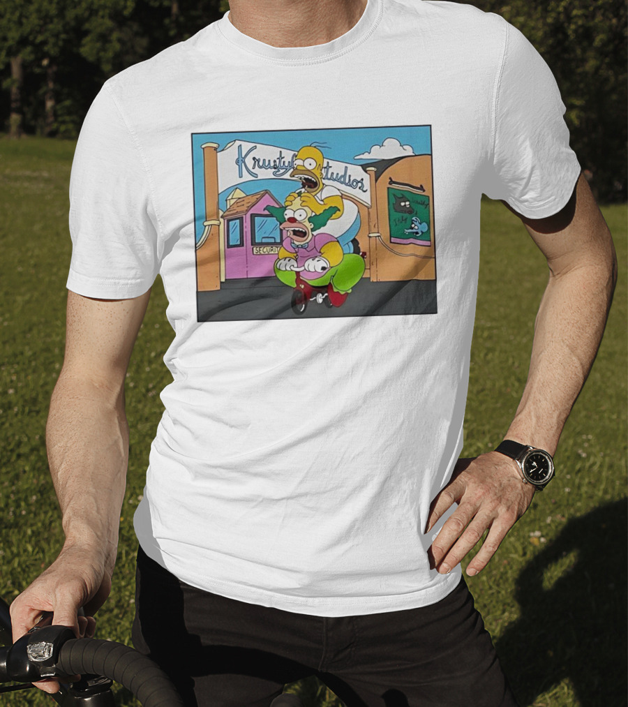 Krustyland Studios With Homer And Krusty The Clown On Bicycle From The Simpsons T-Shirt