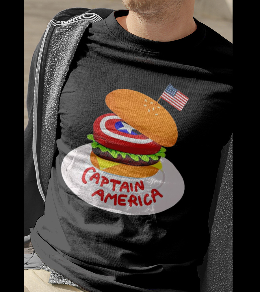 Captain America Burger With Flag And Shield Lettuce Bun T-Shirt