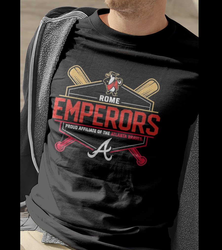 Rome Emperors Proud Affiliate Of The Atlanta Braves Logo With Crossed Bats And Mascot T-Shirt