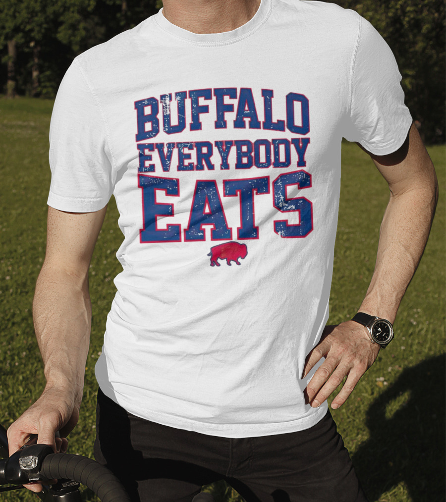 Buffalo Everybody Eats Red Bison Icon Bold Blue Letters T-Shirt