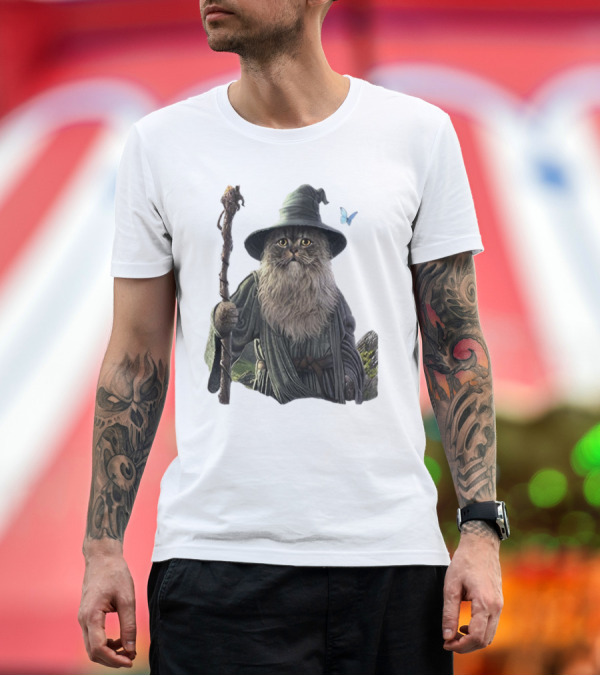 Premium T-Shirt: Cat The Mountain Wizard Catdalf Cat with Staff and Hat T-Shirt Cat The Mountain Wizard Catdalf Cat with Staff and Hat T-Shirt