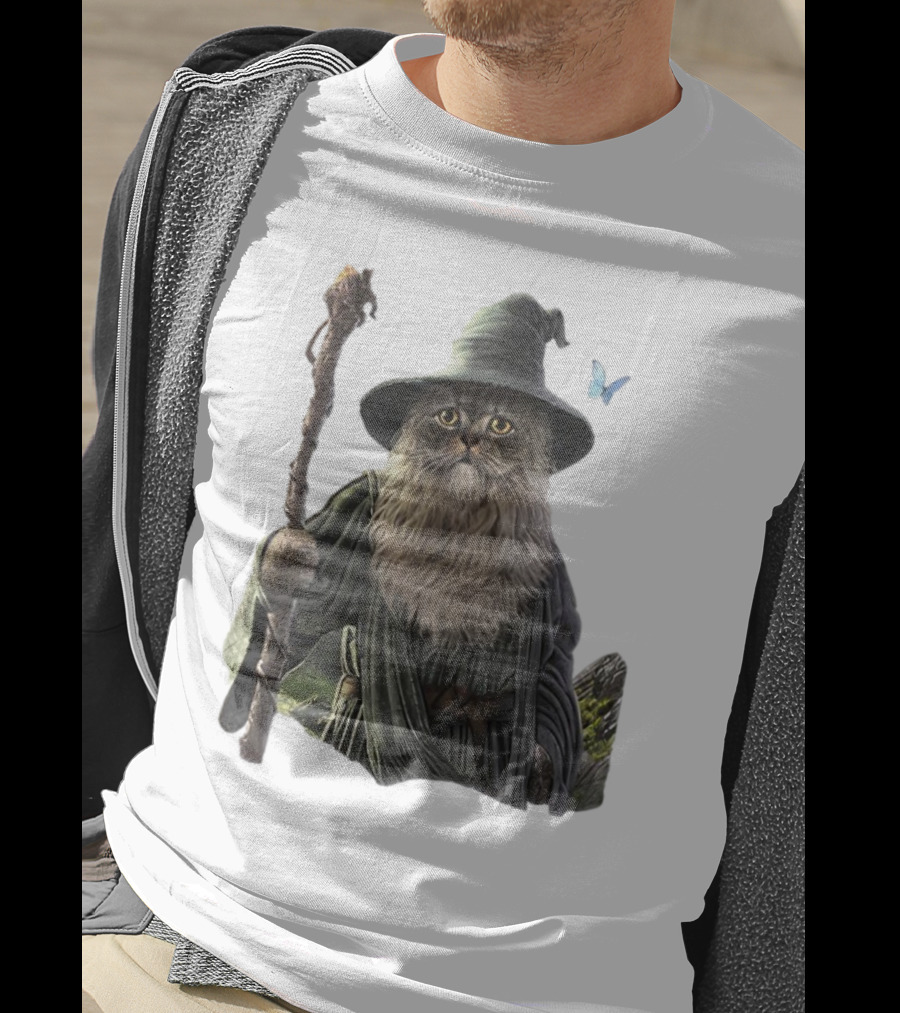 Cat The Mountain Wizard Catdalf Cat With Staff And Hat T-Shirt