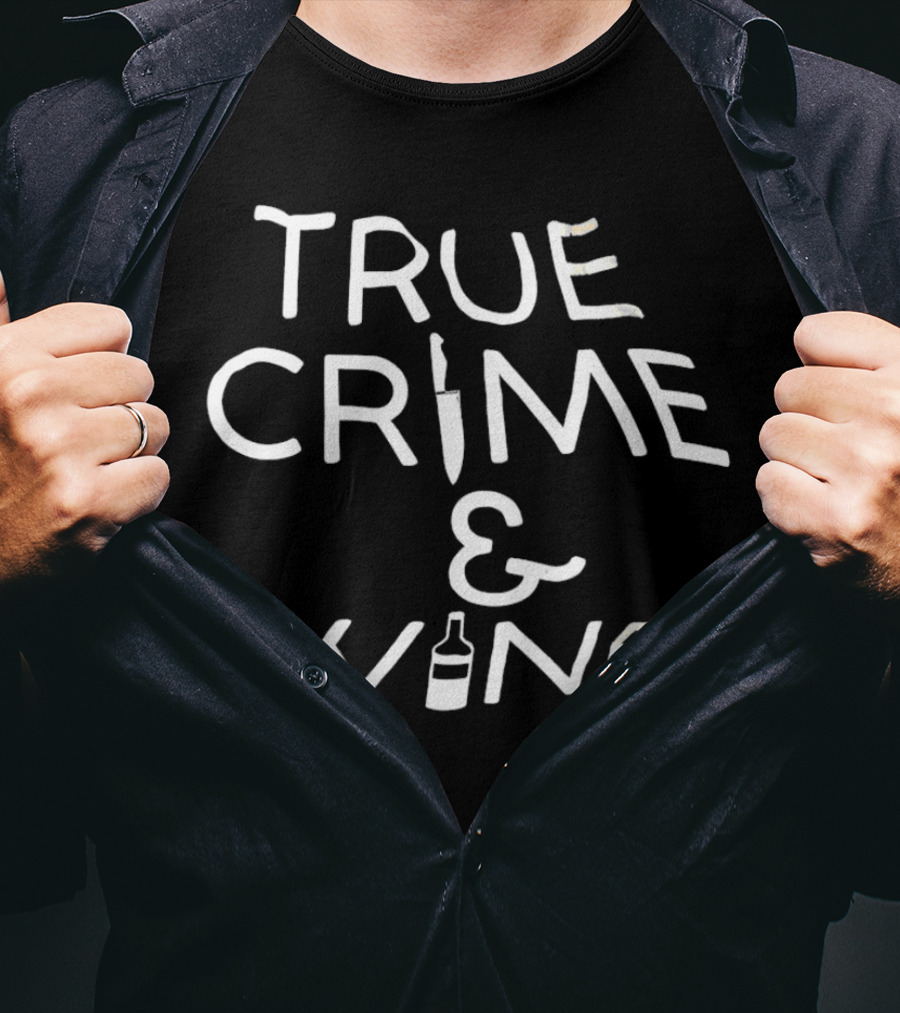 True Crime And Wine Knife And Bottle Motif T-Shirt