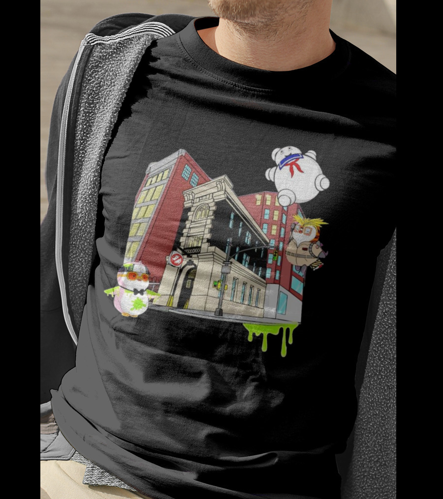 Stay Puft Marshmallow Man Pudgy Penguins Ghostbusters Firehouse Scene T-Shirt