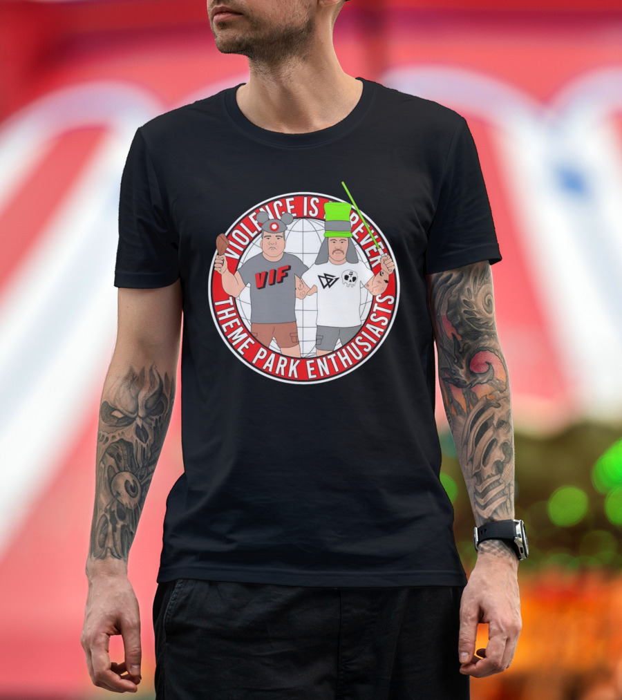 Violence Is Forever Theme Park Enthusiasts VIF Iconic Characters with Lightsaber and Turkey Leg T-Shirt