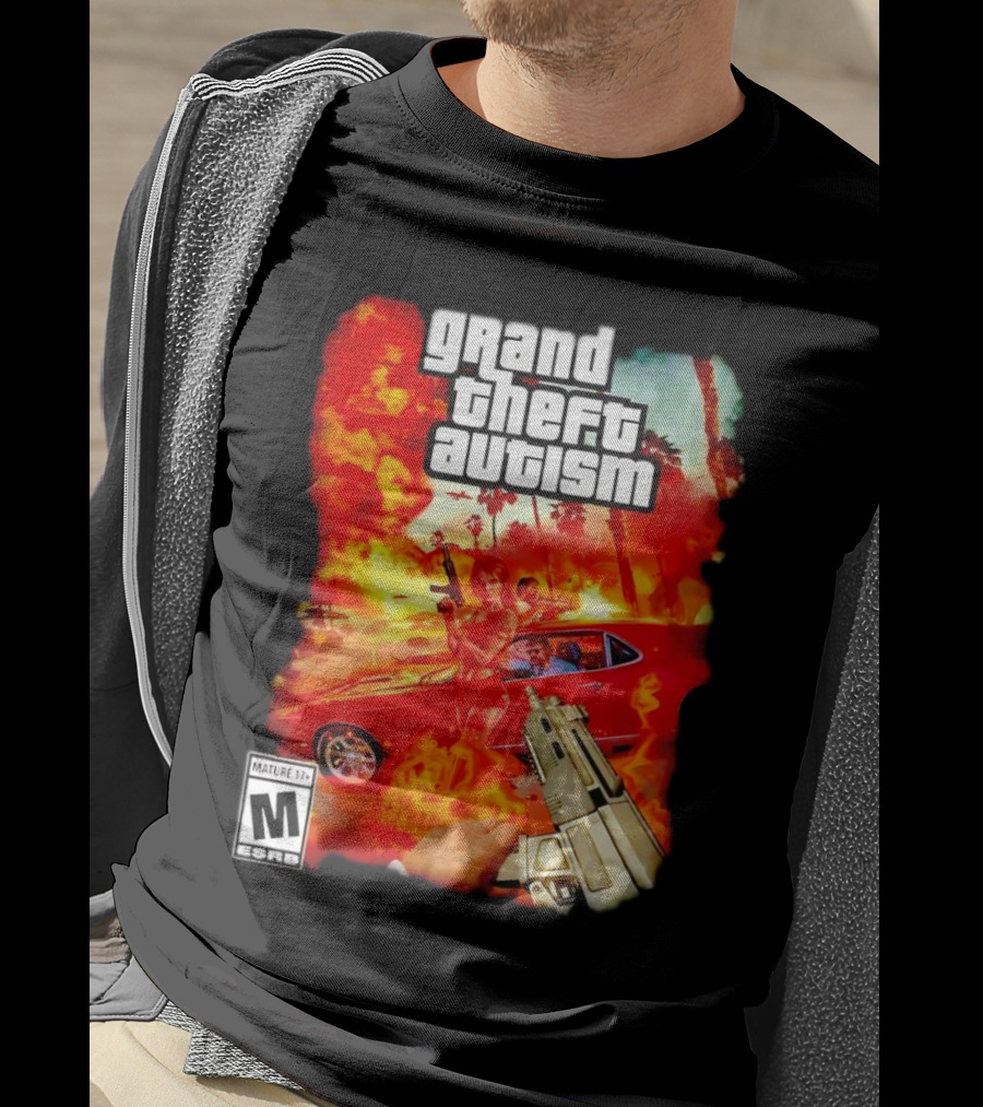 Grand Theft Autism Video Game Cover Parody With Car And Weapon T-Shirt