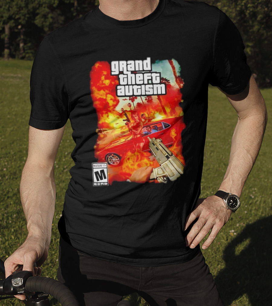 Grand Theft Autism Video Game Cover Parody With Car And Weapon T-Shirt
