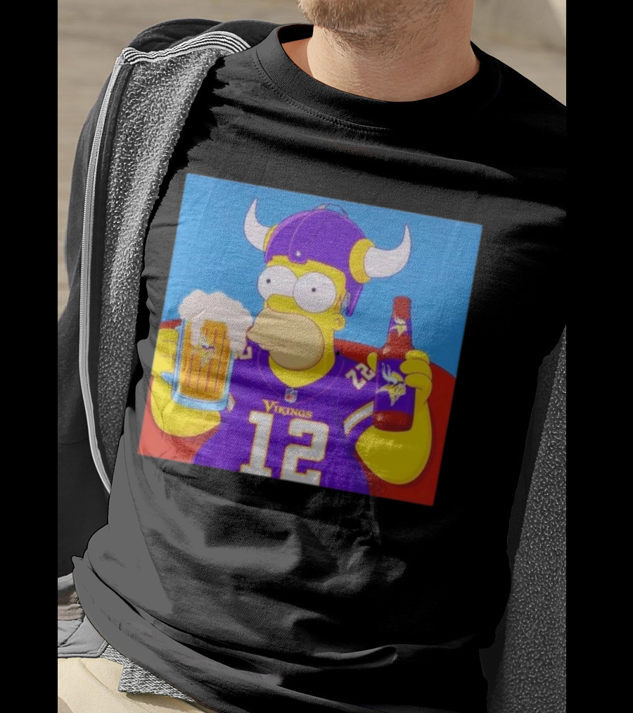 Homer Simpson In Minnesota Vikings Gear Drinking Beer T-Shirt
