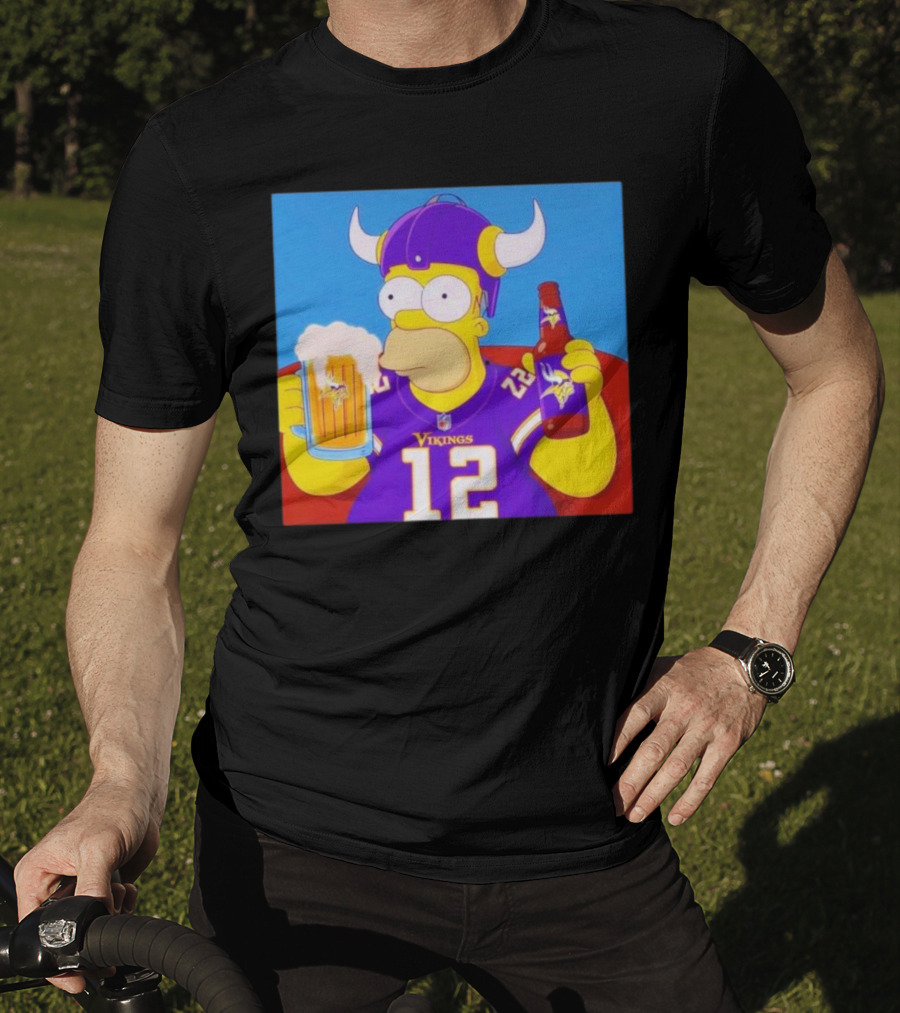 Homer Simpson In Minnesota Vikings Gear Drinking Beer T-Shirt