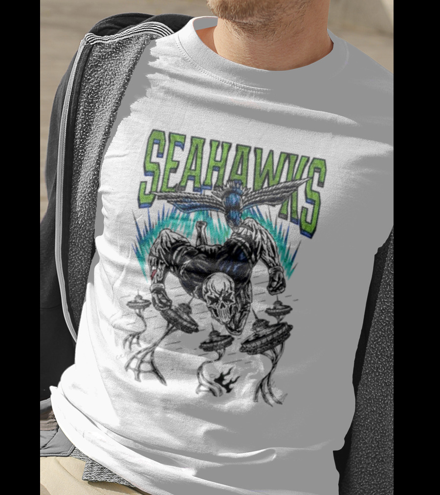 Seattle Seahawks Skeleton With Winged Bird And Blue Flames T-Shirt