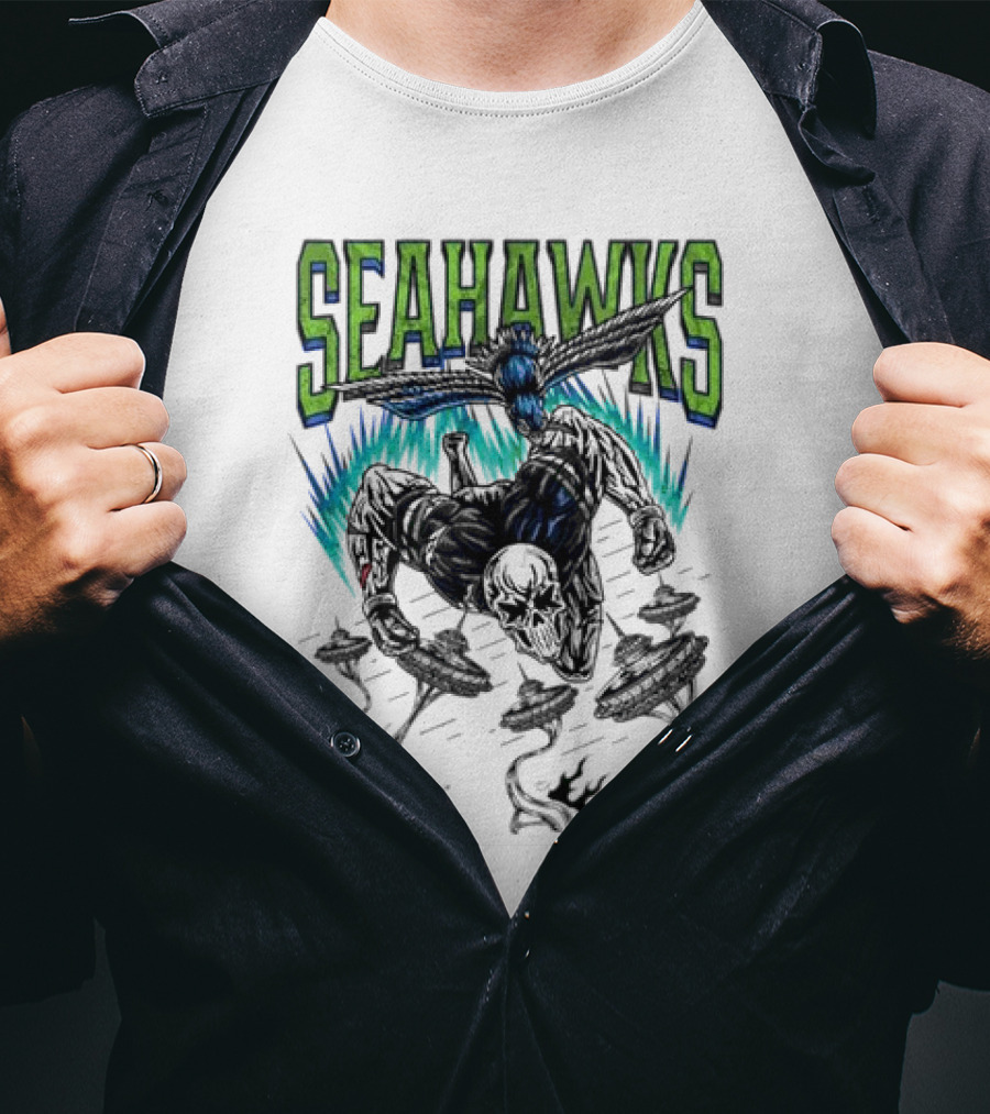 Seattle Seahawks Skeleton With Winged Bird And Blue Flames T-Shirt