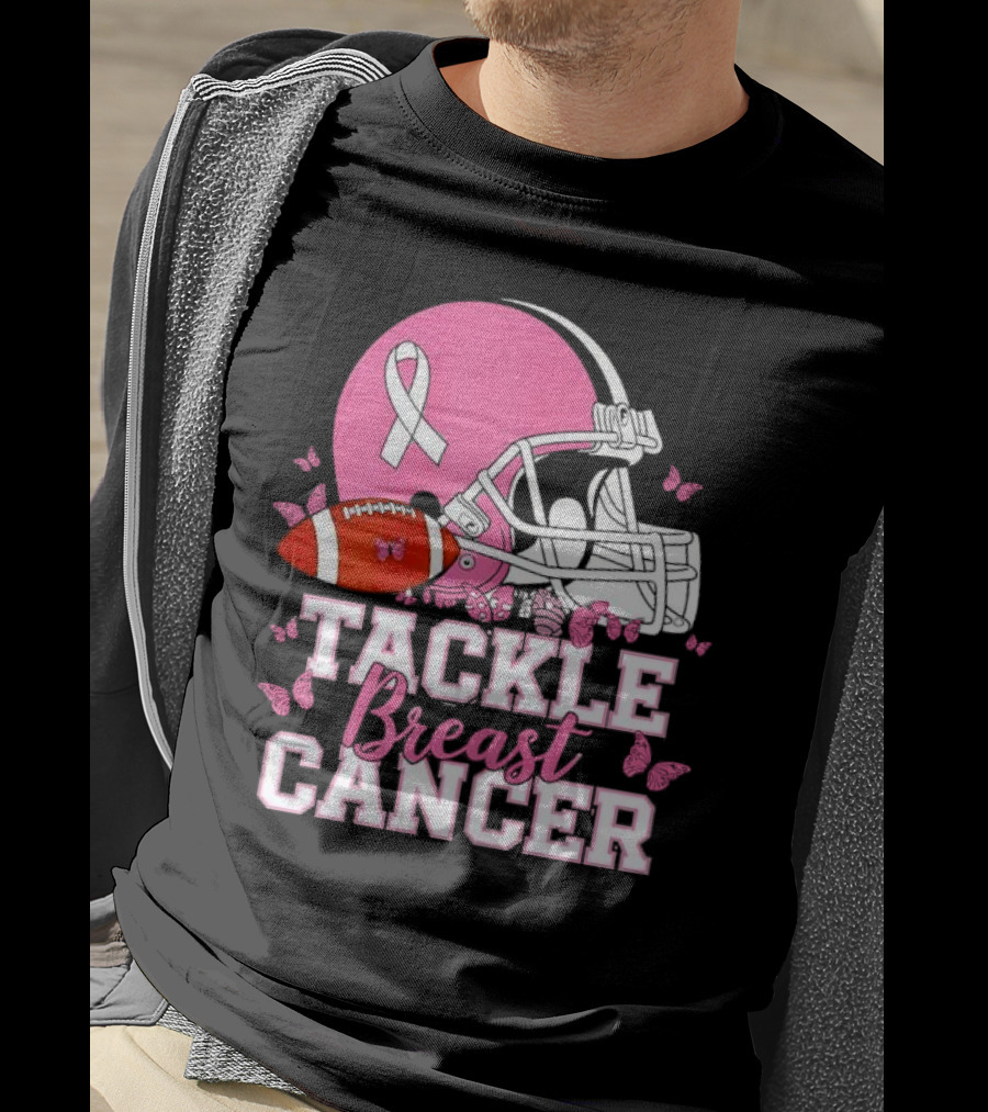Tackle Breast Cancer Awareness Pink Football Helmet Ribbon Butterflies T-Shirt