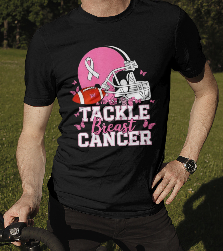 Tackle Breast Cancer Awareness Pink Football Helmet Ribbon Butterflies T-Shirt
