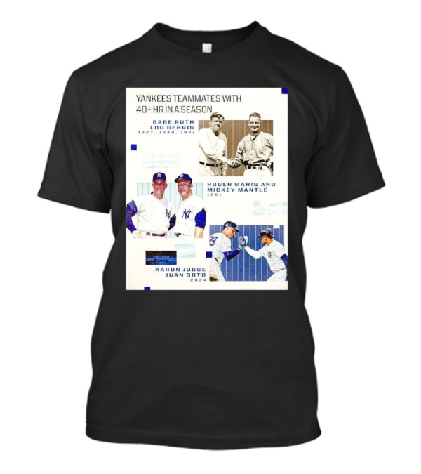 Yankees Teammates Babe Ruth Lou Gehrig Roger Maris Mickey Mantle Aaron Judge Juan Soto 40+ HR In A Season T-Shirt