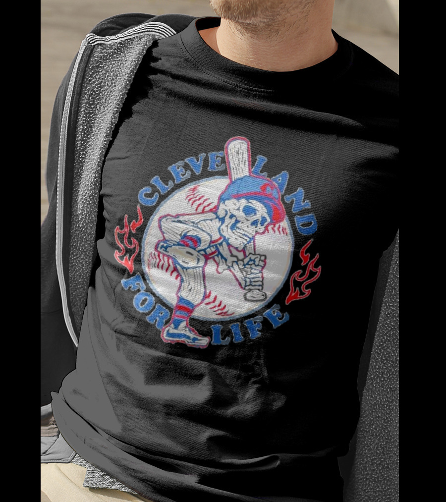 Cleveland Guardians For Life Skeleton Baseball Player Flames T-Shirt