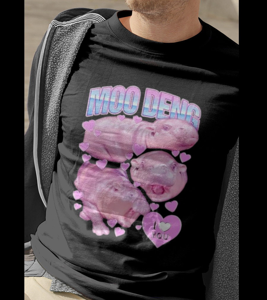 Moo Deng I Love You Pink Hippo Hearts T-Shirt