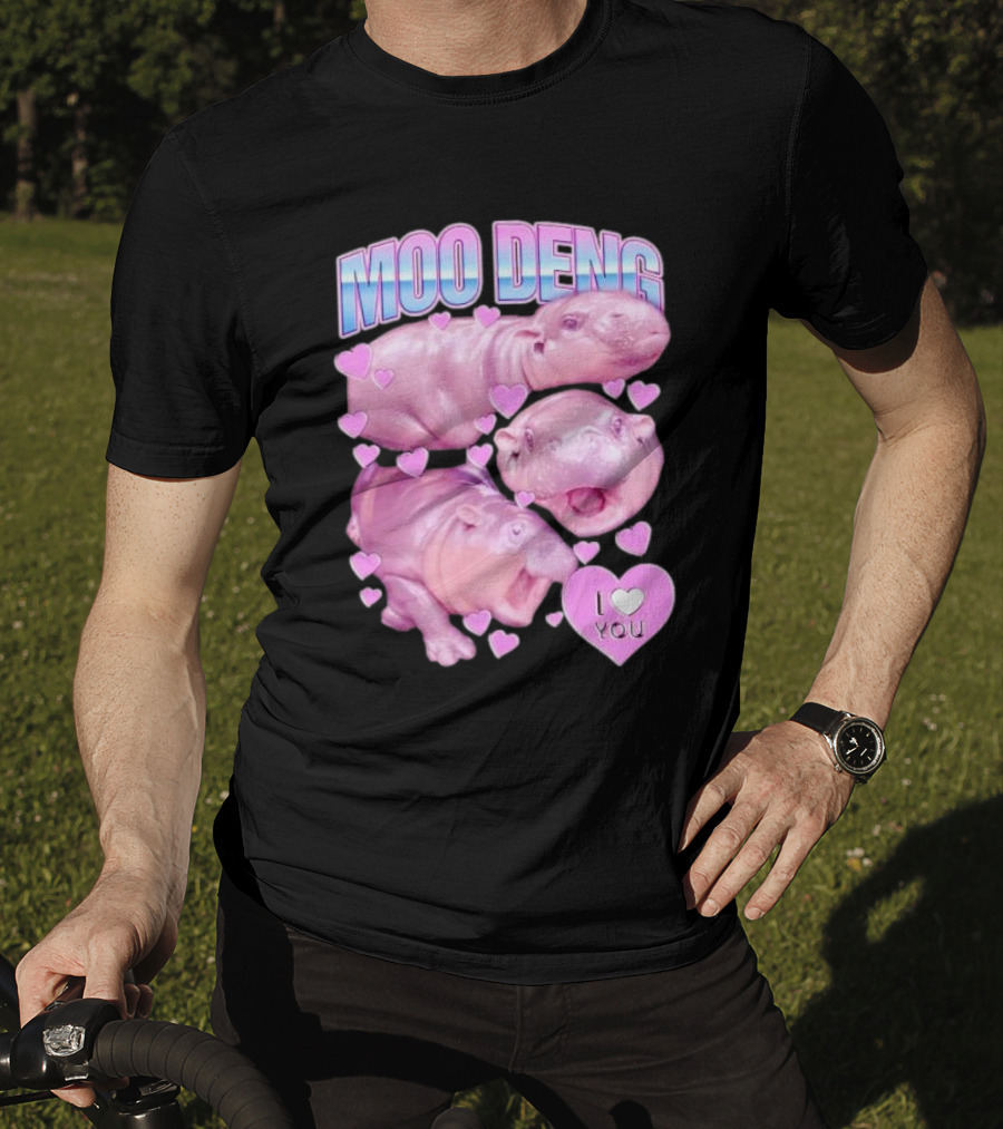 Moo Deng I Love You Pink Hippo Hearts T-Shirt