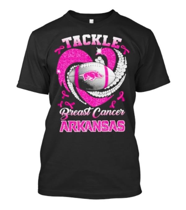 Arkansas Razorbacks Tackle Breast Cancer Pink Ribbon Heart Football T-Shirt
