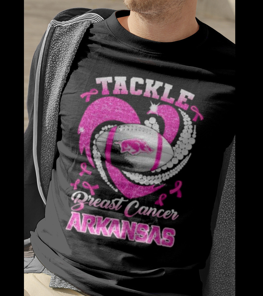 Arkansas Razorbacks Tackle Breast Cancer Pink Ribbon Heart Football T-Shirt