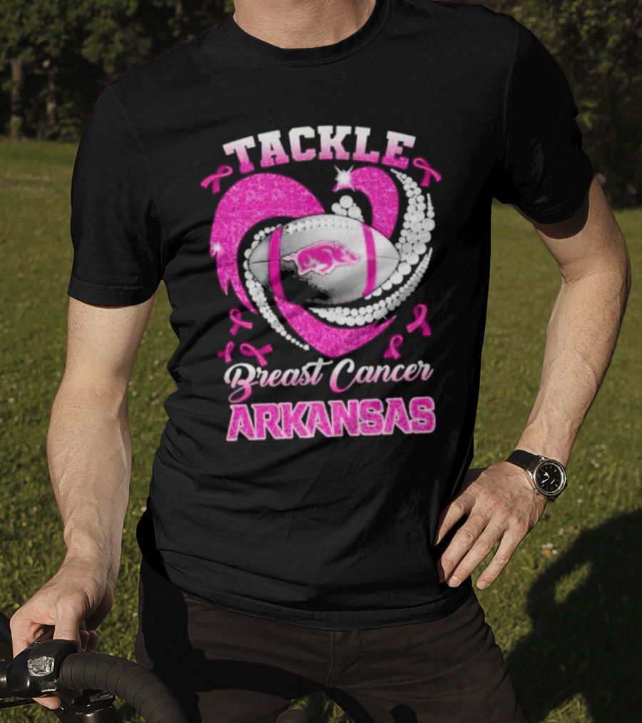 Arkansas Razorbacks Tackle Breast Cancer Pink Ribbon Heart Football T-Shirt