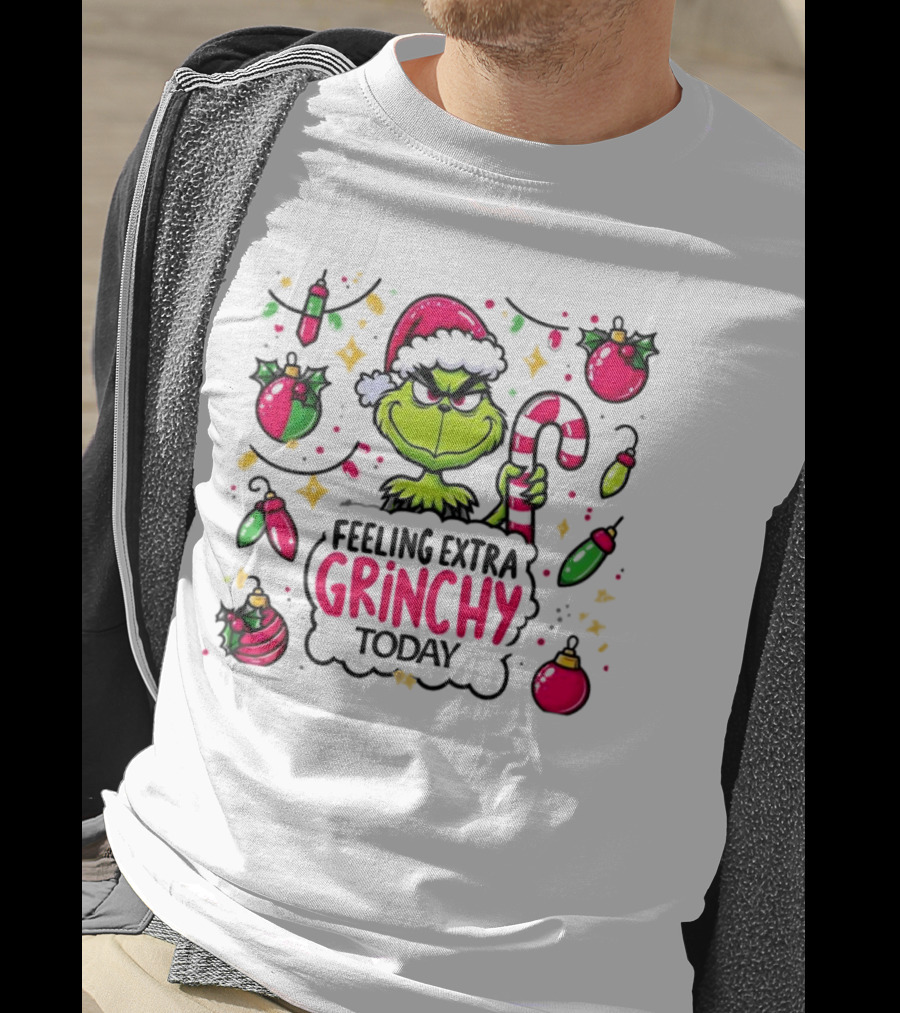 Feeling Extra Grinchy Today Christmas Grinch Santa Hat Candy Cane Ornaments T-Shirt