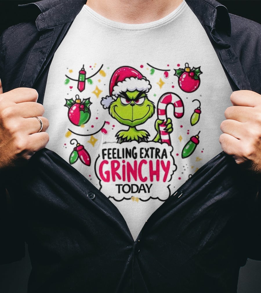 Feeling Extra Grinchy Today Christmas Grinch Santa Hat Candy Cane Ornaments T-Shirt