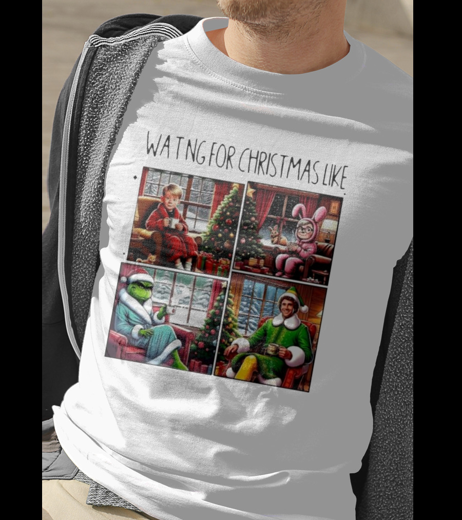 Waiting For Christmas Like Iconic Holiday Characters With Christmas Tree And Cozy Living Room Scene T-Shirt