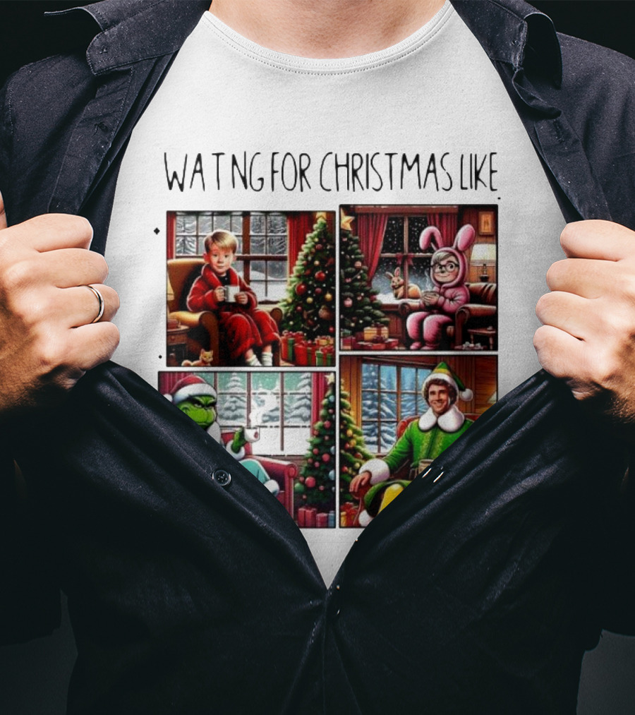 Waiting For Christmas Like Iconic Holiday Characters With Christmas Tree And Cozy Living Room Scene T-Shirt