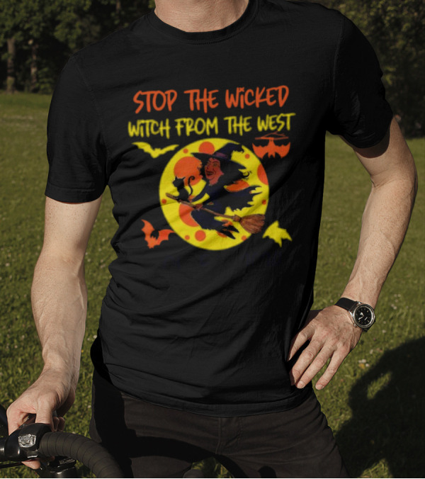 Stop The Wicked Witch From The West Nov 5th 2024 Halloween Bats Moon Cat Broomstick T-Shirt