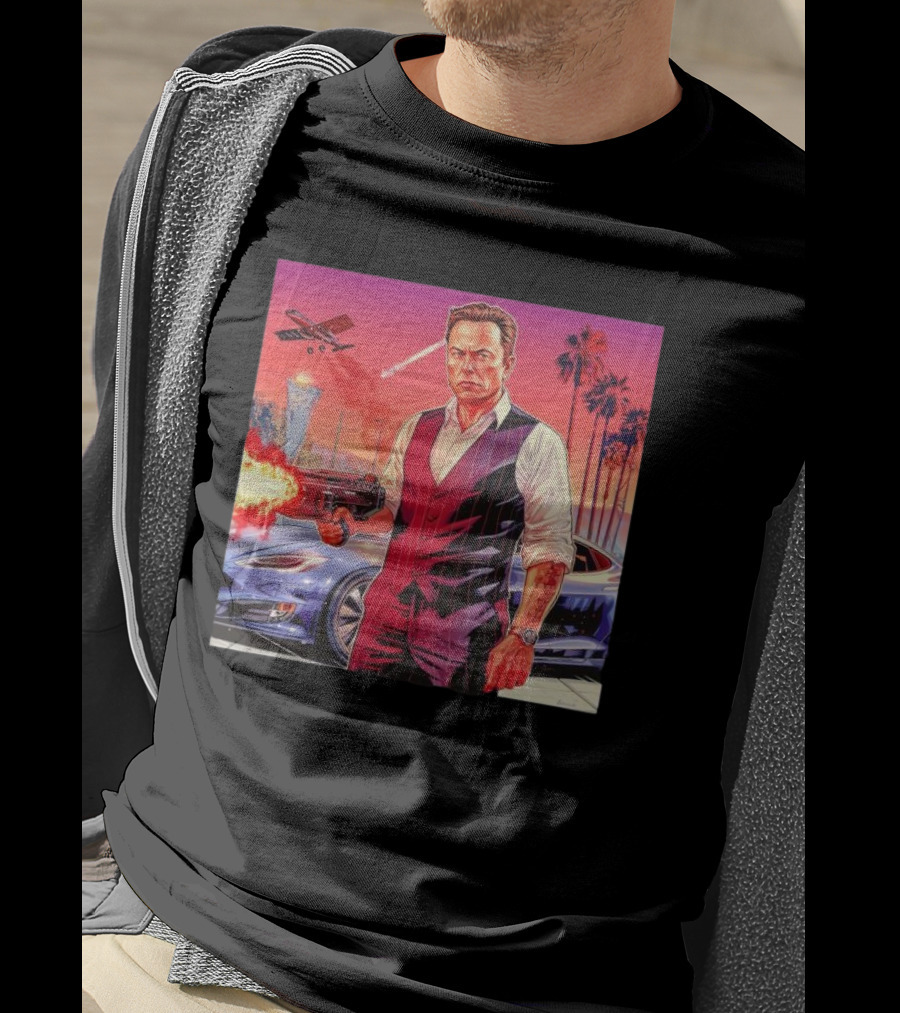Grand Theft Auto Elon Musk Sunset Shootout With Palm Trees And Jetstream T-Shirt