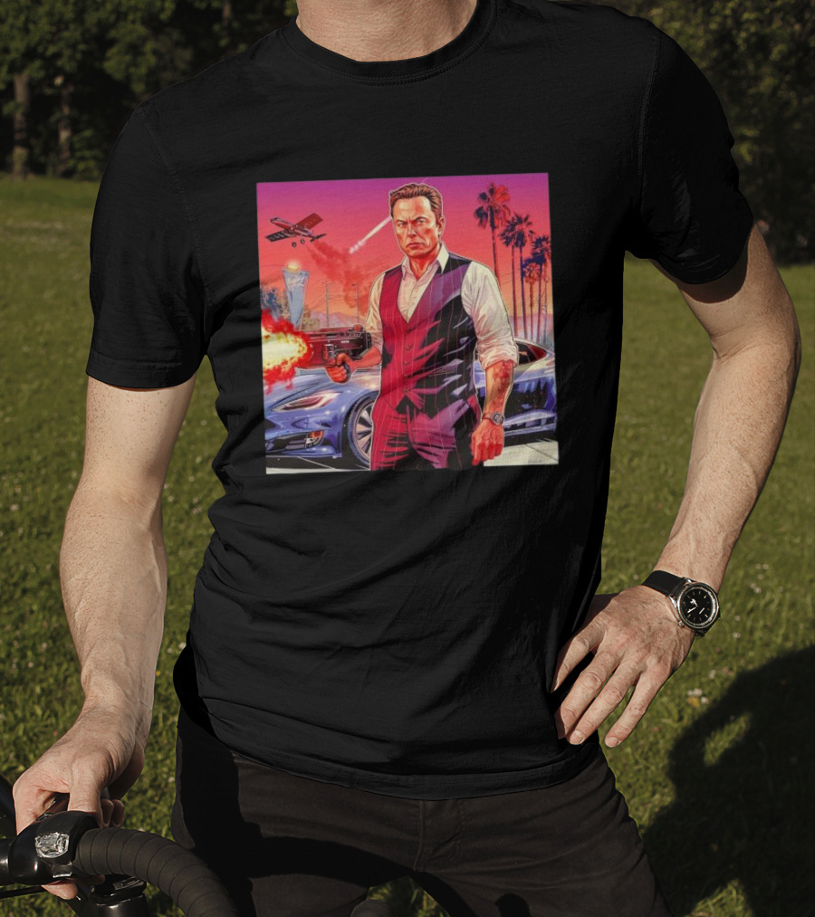 Grand Theft Auto Elon Musk Sunset Shootout With Palm Trees And Jetstream T-Shirt