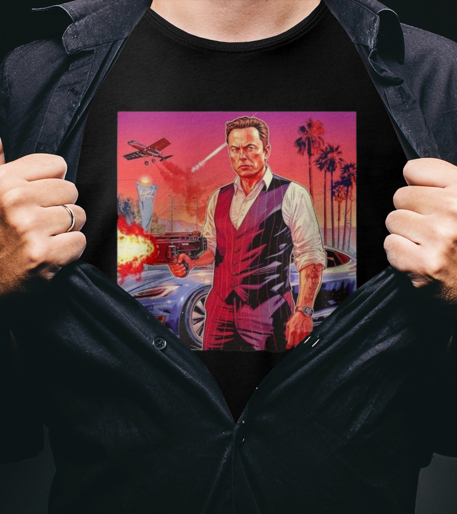 Grand Theft Auto Elon Musk Sunset Shootout With Palm Trees And Jetstream T-Shirt