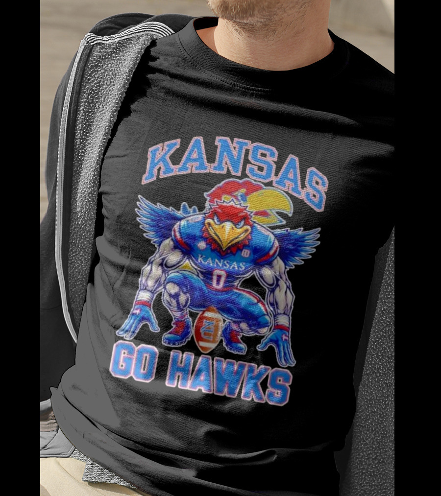Kansas Jayhawks Go Hawks Fierce Mascot Football T-Shirt