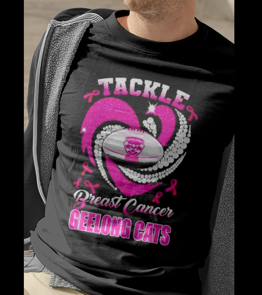 Tackle Breast Cancer Geelong Cats Pink Ribbon Football Heart T-Shirt