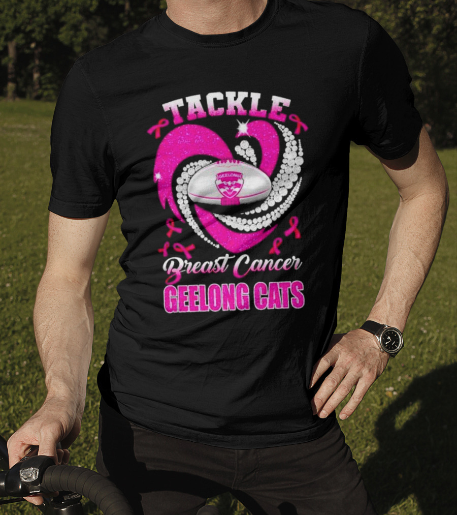 Tackle Breast Cancer Geelong Cats Pink Ribbon Football Heart T-Shirt