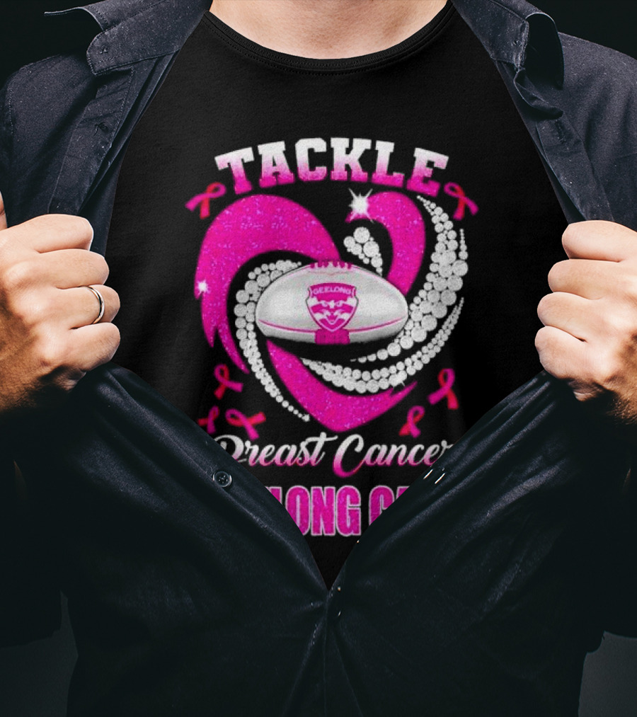 Tackle Breast Cancer Geelong Cats Pink Ribbon Football Heart T-Shirt